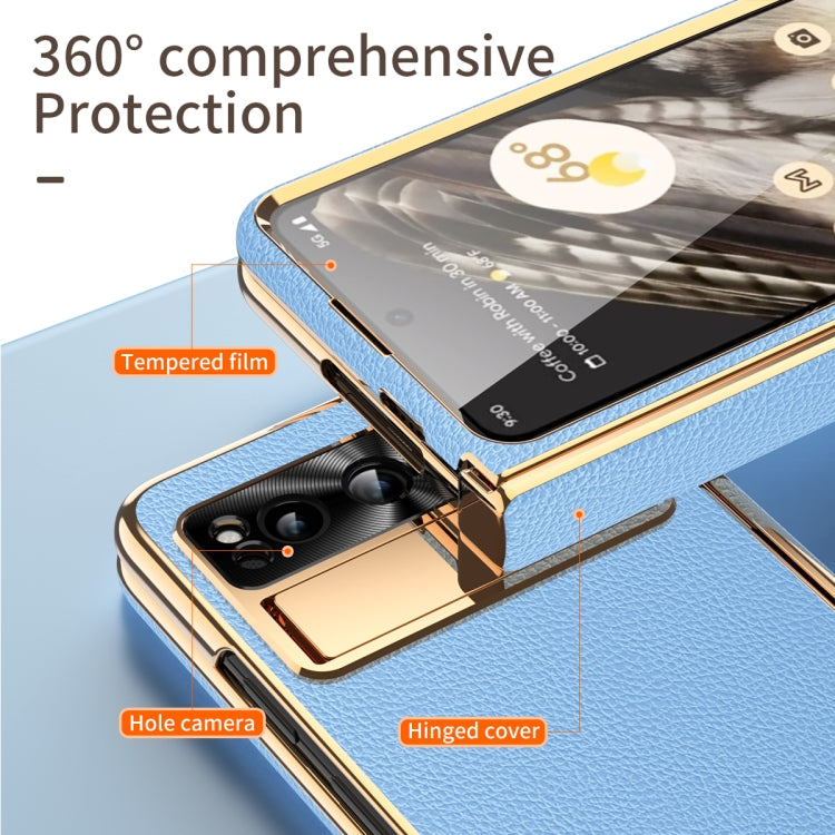 For Google Pixel Fold Litchi Pattern Electroplating Folding Phone Case with Hinge(Blue)