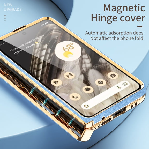 For Google Pixel Fold Litchi Pattern Electroplating Folding Phone Case with Hinge(Blue)