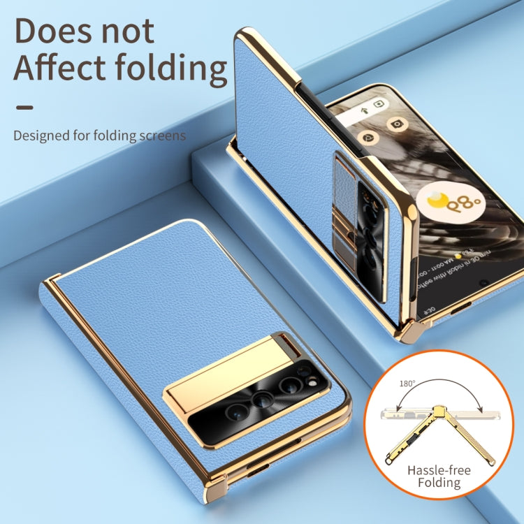For Google Pixel Fold Litchi Pattern Electroplating Folding Phone Case with Hinge(Blue)