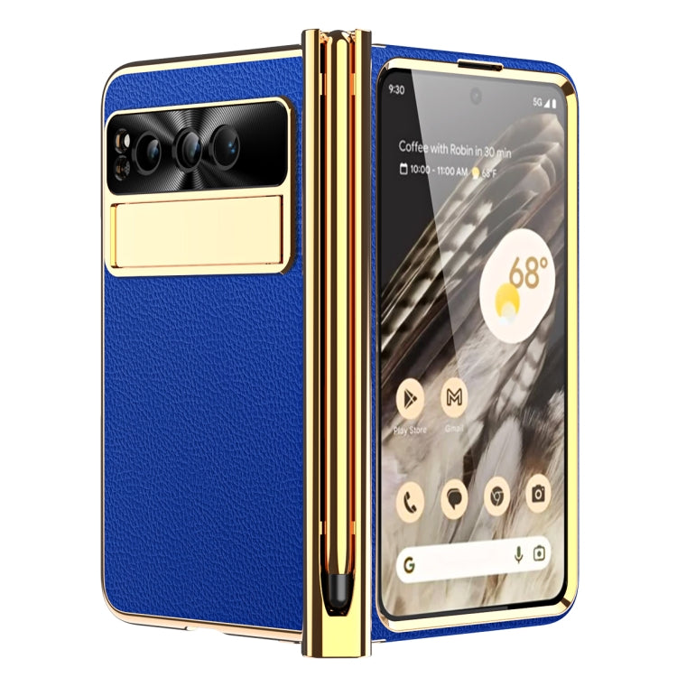 For Google Pixel Fold Litchi Pattern Electroplating Pen Slot Folding Phone Case with Stylus(Royal Blue)