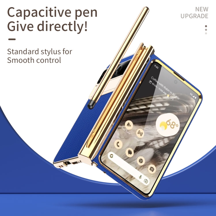 For Google Pixel Fold Litchi Pattern Electroplating Pen Slot Folding Phone Case with Stylus(Royal Blue)