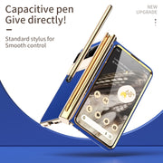 For Google Pixel Fold Litchi Pattern Electroplating Pen Slot Folding Phone Case with Stylus(Royal Blue)