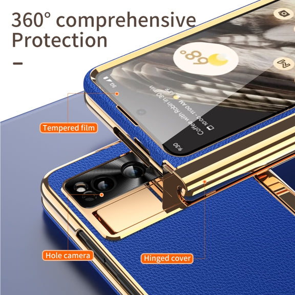 For Google Pixel Fold Litchi Pattern Electroplating Pen Slot Folding Phone Case with Stylus(Royal Blue)