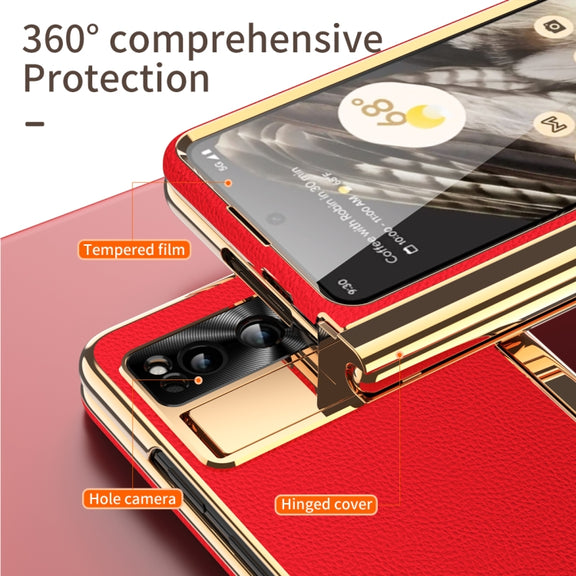 For Google Pixel Fold Litchi Pattern Electroplating Pen Slot Folding Phone Case with Stylus(Red)