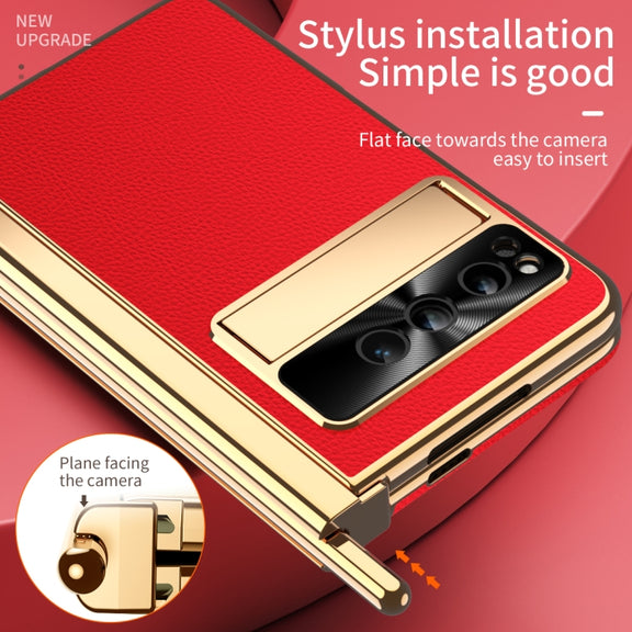 For Google Pixel Fold Litchi Pattern Electroplating Pen Slot Folding Phone Case with Stylus(Red)