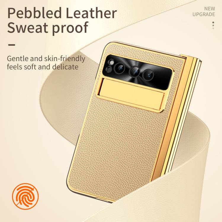 For Google Pixel Fold Litchi Pattern Electroplating Pen Slot Folding Phone Case with Stylus(Gold)