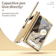 For Google Pixel Fold Litchi Pattern Electroplating Pen Slot Folding Phone Case with Stylus(Gold)