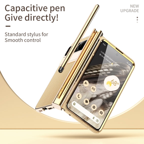 For Google Pixel Fold Litchi Pattern Electroplating Pen Slot Folding Phone Case with Stylus(Gold)