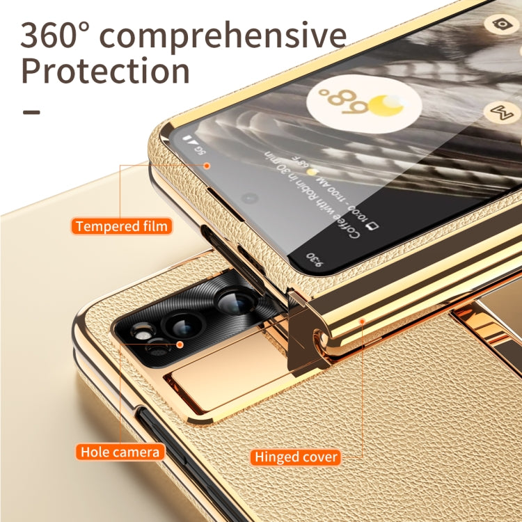 For Google Pixel Fold Litchi Pattern Electroplating Pen Slot Folding Phone Case with Stylus(Gold)