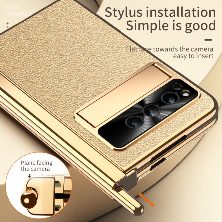 For Google Pixel Fold Litchi Pattern Electroplating Pen Slot Folding Phone Case with Stylus(Gold)