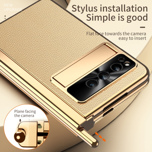 For Google Pixel Fold Litchi Pattern Electroplating Pen Slot Folding Phone Case with Stylus(Gold)