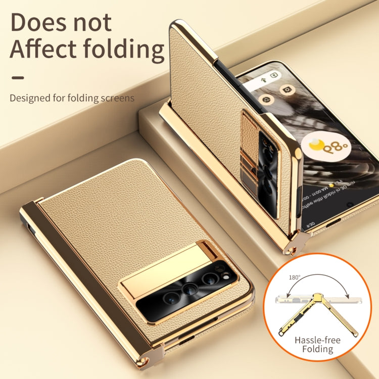 For Google Pixel Fold Litchi Pattern Electroplating Pen Slot Folding Phone Case with Stylus(Gold)