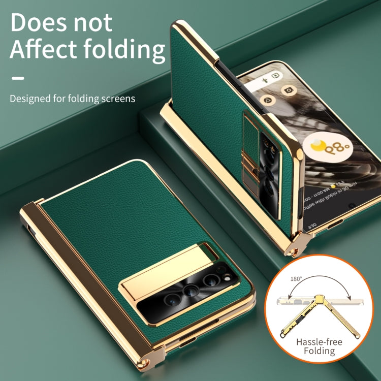 For Google Pixel Fold Litchi Pattern Electroplating Pen Slot Folding Phone Case with Stylus(Green)