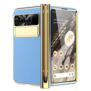 For Google Pixel Fold Litchi Pattern Electroplating Pen Slot Folding Phone Case with Stylus(Blue)