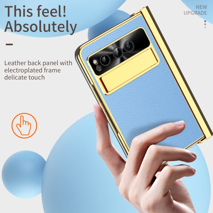 For Google Pixel Fold Litchi Pattern Electroplating Pen Slot Folding Phone Case with Stylus(Blue)