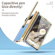 For Google Pixel Fold Litchi Pattern Electroplating Pen Slot Folding Phone Case with Stylus(Blue)