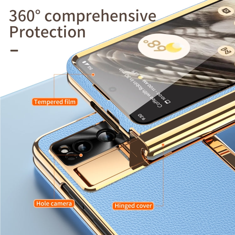 For Google Pixel Fold Litchi Pattern Electroplating Pen Slot Folding Phone Case with Stylus(Blue)