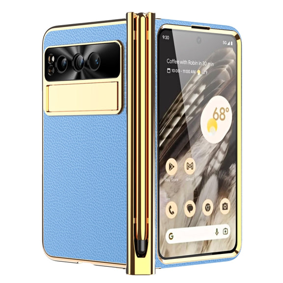 For Google Pixel Fold Litchi Pattern Electroplating Pen Slot Folding Phone Case with Stylus(Blue)