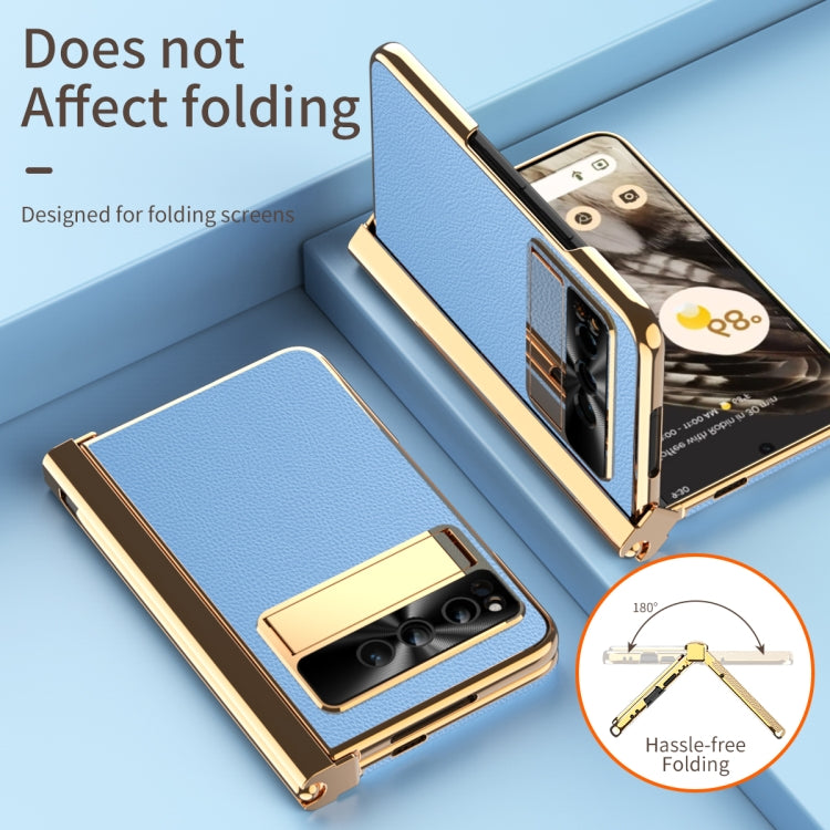 For Google Pixel Fold Litchi Pattern Electroplating Pen Slot Folding Phone Case with Stylus(Blue)