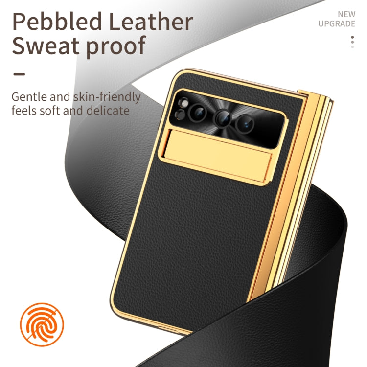 For Google Pixel Fold Litchi Pattern Electroplating Pen Slot Double Hinge Folding Phone Case with Stylus(Black)