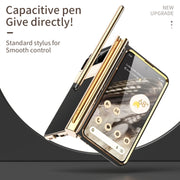 For Google Pixel Fold Litchi Pattern Electroplating Pen Slot Double Hinge Folding Phone Case with Stylus(Black)