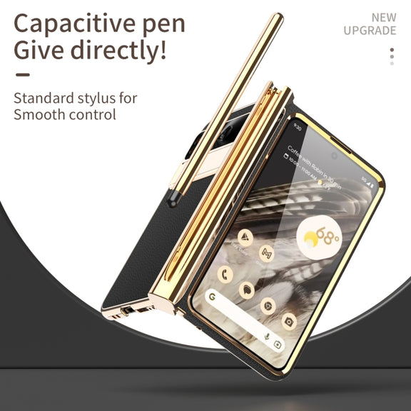 For Google Pixel Fold Litchi Pattern Electroplating Pen Slot Double Hinge Folding Phone Case with Stylus(Black)