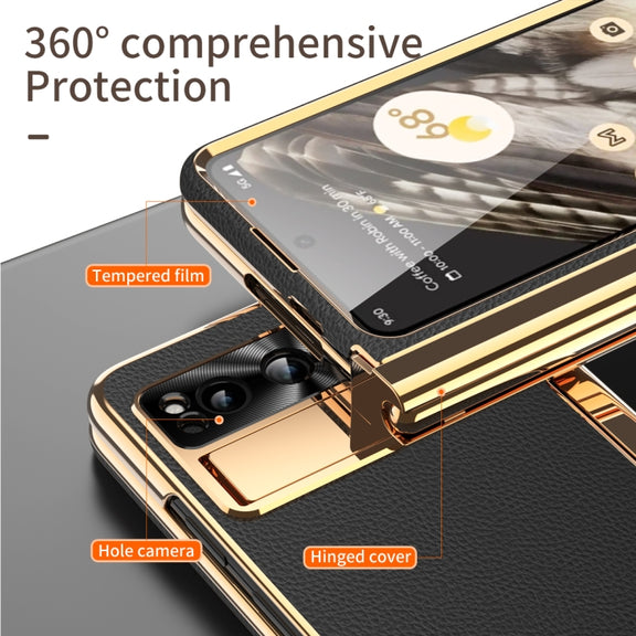For Google Pixel Fold Litchi Pattern Electroplating Pen Slot Double Hinge Folding Phone Case with Stylus(Black)