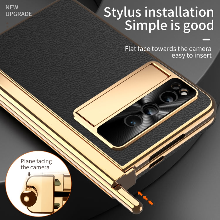 For Google Pixel Fold Litchi Pattern Electroplating Pen Slot Double Hinge Folding Phone Case with Stylus(Black)