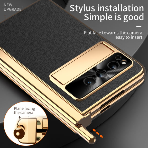 For Google Pixel Fold Litchi Pattern Electroplating Pen Slot Double Hinge Folding Phone Case with Stylus(Black)