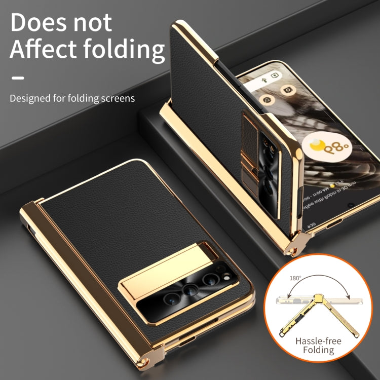 For Google Pixel Fold Litchi Pattern Electroplating Pen Slot Double Hinge Folding Phone Case with Stylus(Black)