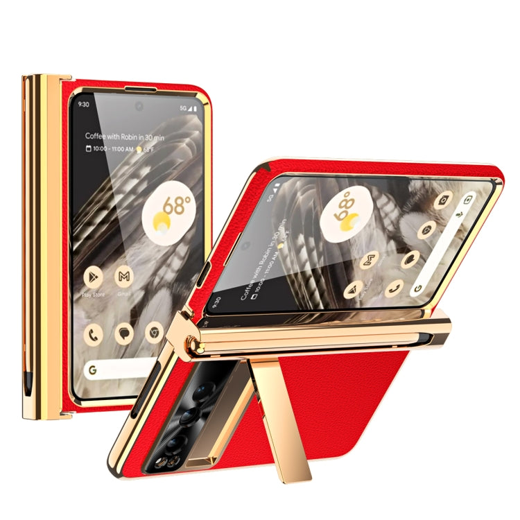For Google Pixel Fold Litchi Pattern Electroplating Pen Slot Double Hinge Folding Phone Case with Stylus(Red)