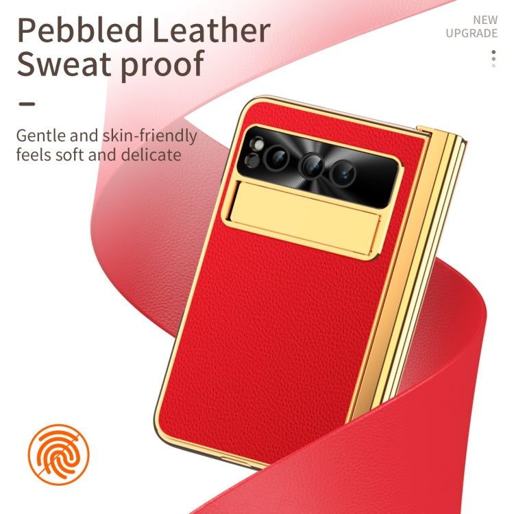 For Google Pixel Fold Litchi Pattern Electroplating Pen Slot Double Hinge Folding Phone Case with Stylus(Red)