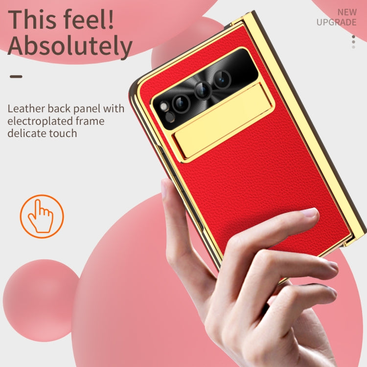 For Google Pixel Fold Litchi Pattern Electroplating Pen Slot Double Hinge Folding Phone Case with Stylus(Red)