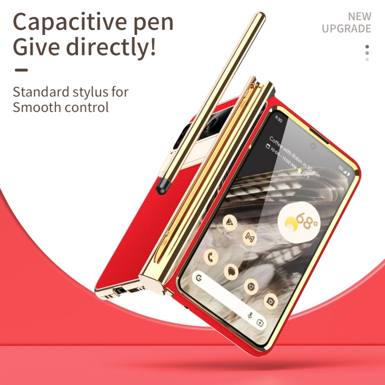 For Google Pixel Fold Litchi Pattern Electroplating Pen Slot Double Hinge Folding Phone Case with Stylus(Red)