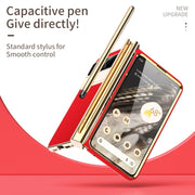 For Google Pixel Fold Litchi Pattern Electroplating Pen Slot Double Hinge Folding Phone Case with Stylus(Red)