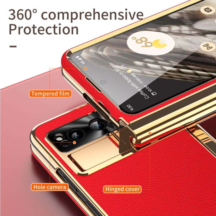 For Google Pixel Fold Litchi Pattern Electroplating Pen Slot Double Hinge Folding Phone Case with Stylus(Red)