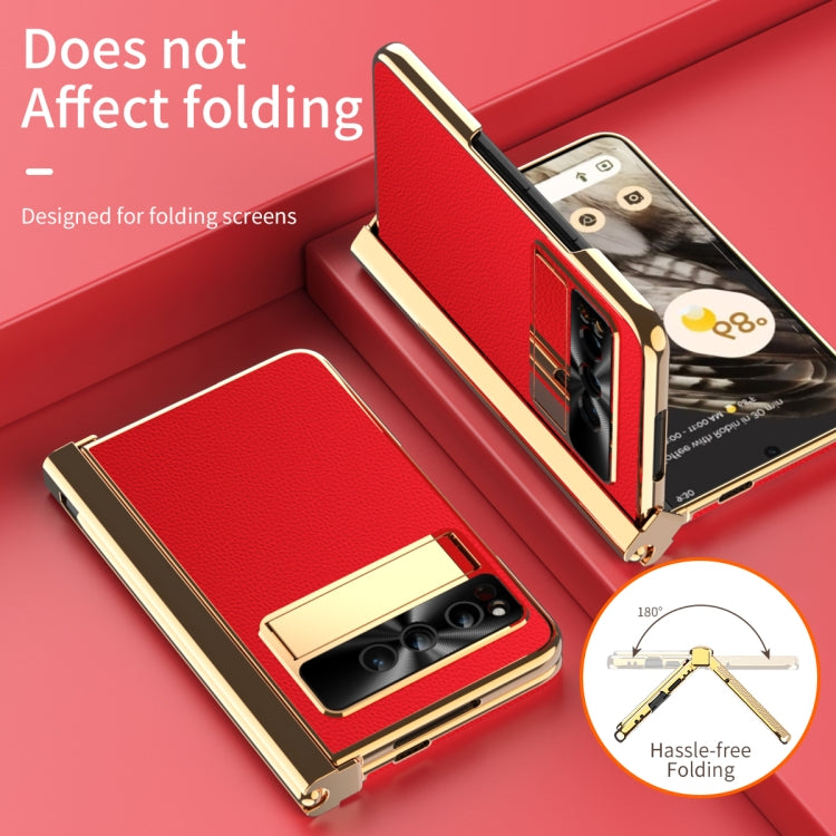 For Google Pixel Fold Litchi Pattern Electroplating Pen Slot Double Hinge Folding Phone Case with Stylus(Red)