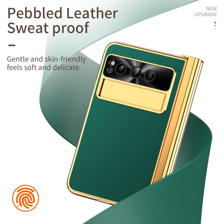 For Google Pixel Fold Litchi Pattern Electroplating Pen Slot Double Hinge Folding Phone Case with Stylus(Green)