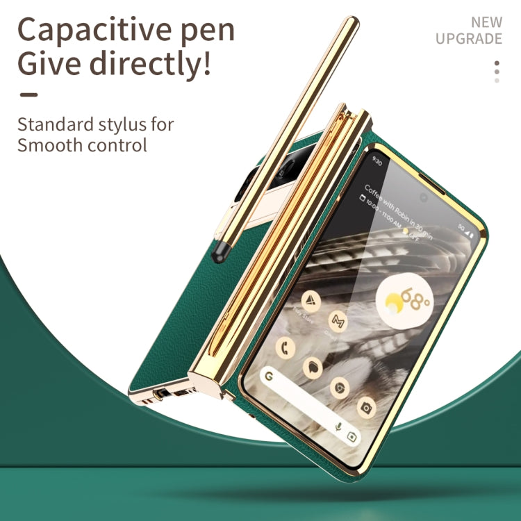 For Google Pixel Fold Litchi Pattern Electroplating Pen Slot Double Hinge Folding Phone Case with Stylus(Green)