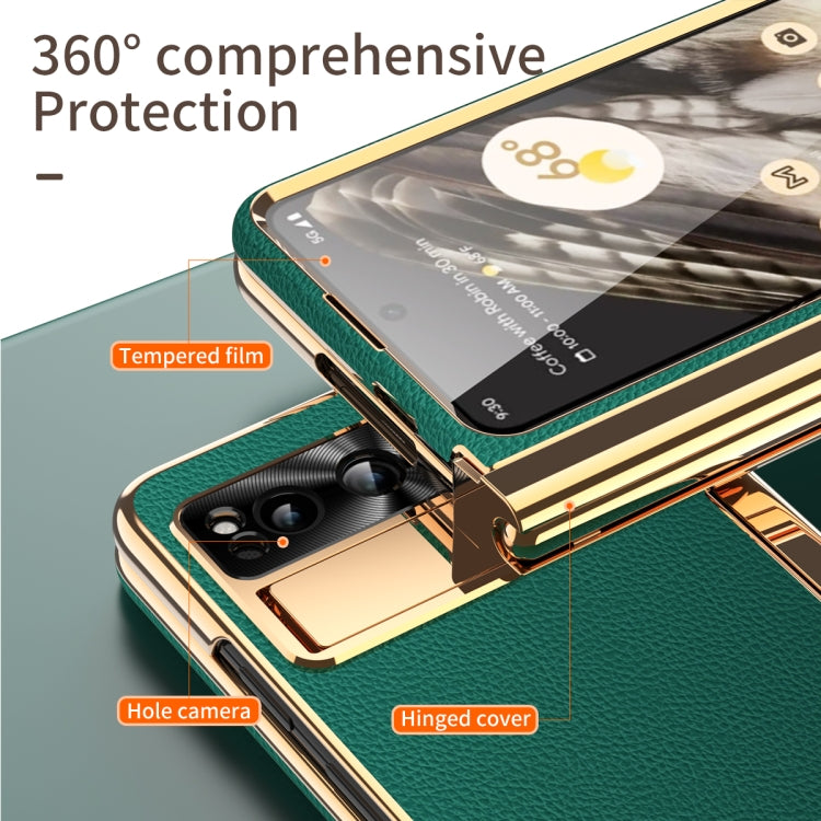 For Google Pixel Fold Litchi Pattern Electroplating Pen Slot Double Hinge Folding Phone Case with Stylus(Green)