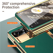 For Google Pixel Fold Litchi Pattern Electroplating Pen Slot Double Hinge Folding Phone Case with Stylus(Green)