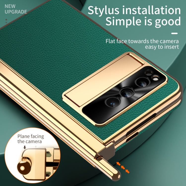 For Google Pixel Fold Litchi Pattern Electroplating Pen Slot Double Hinge Folding Phone Case with Stylus(Green)