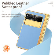 For Google Pixel Fold Litchi Pattern Electroplating Pen Slot Double Hinge Folding Phone Case with Stylus(Blue)