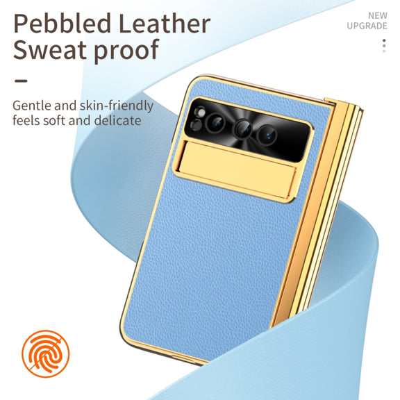 For Google Pixel Fold Litchi Pattern Electroplating Pen Slot Double Hinge Folding Phone Case with Stylus(Blue)