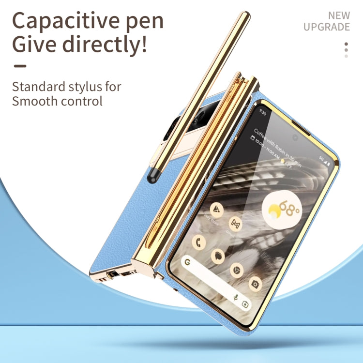 For Google Pixel Fold Litchi Pattern Electroplating Pen Slot Double Hinge Folding Phone Case with Stylus(Blue)