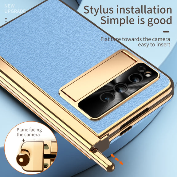 For Google Pixel Fold Litchi Pattern Electroplating Pen Slot Double Hinge Folding Phone Case with Stylus(Blue)