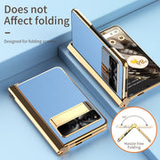 For Google Pixel Fold Litchi Pattern Electroplating Pen Slot Double Hinge Folding Phone Case with Stylus(Blue)