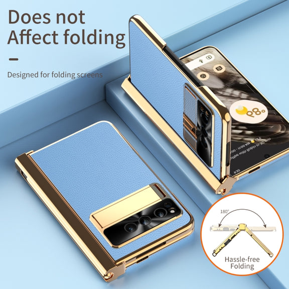 For Google Pixel Fold Litchi Pattern Electroplating Pen Slot Double Hinge Folding Phone Case with Stylus(Blue)