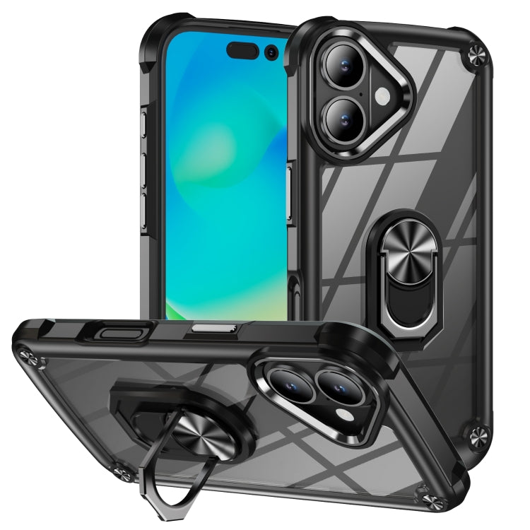 For iPhone 16 TPU + PC Lens Protection Phone Case with Ring Holder(Black)