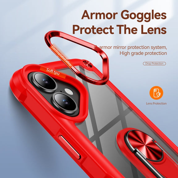 For iPhone 16 TPU + PC Lens Protection Phone Case with Ring Holder(Red)